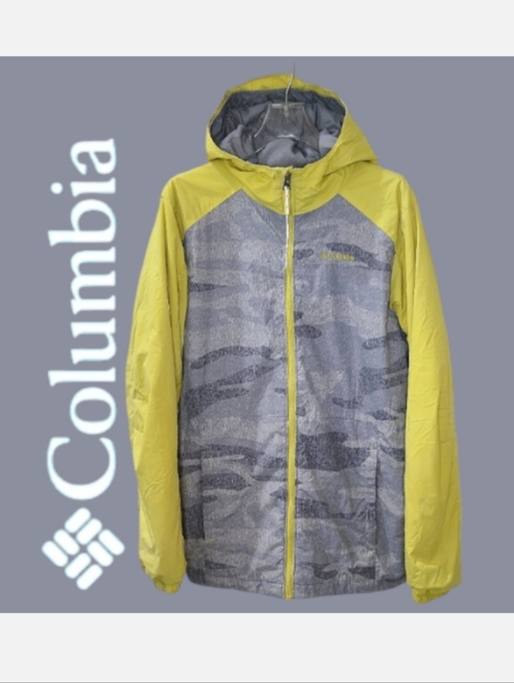 Columbia Snowpocalyptic Thermal Coil Jacket Gray Camo/Yellow Sz YXL